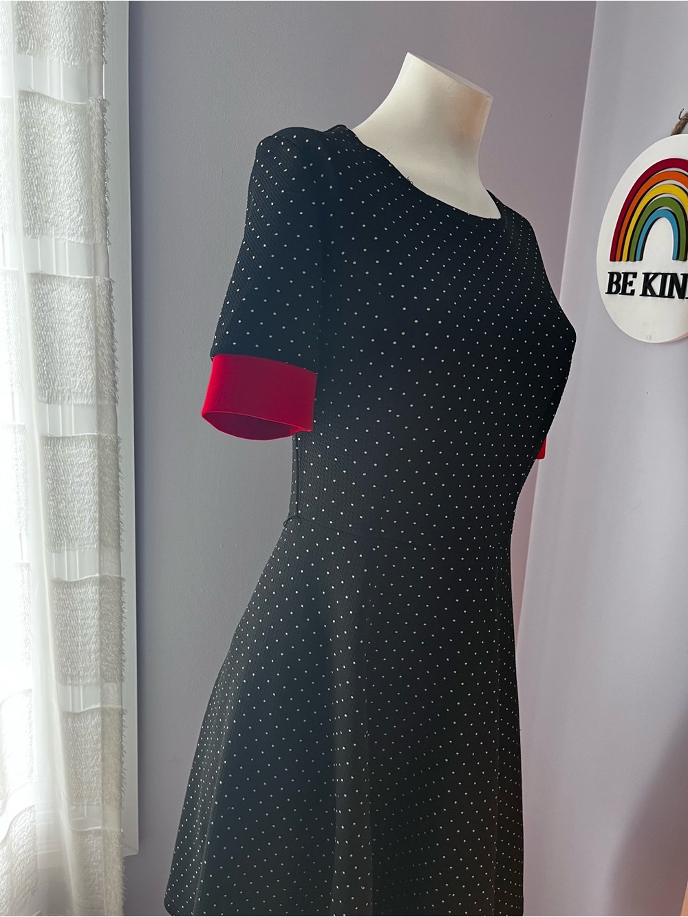 Black Polka Dot Midi Dress with Red Sleeve Cuffs
